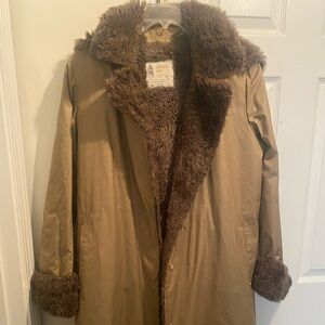 London Fog Womens Tan Faux Fur Lined Hoodie Trench Jacket/Coat